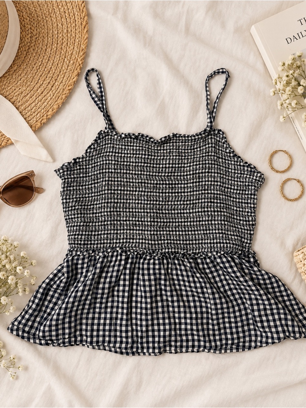Old Navy Black & White Gingham Smocked Peplum Cami Top — Size M